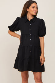 Black Collared Button Front Tiered Maternity Dress