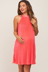 Coral Pleated Plisse Halter Maternity Dress