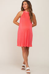 Coral Pleated Plisse Halter Maternity Dress