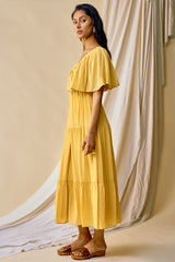 Yellow Textured Stripe Deep V-Neck Layered Sleeve Maxi Dress