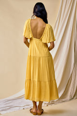 Yellow Textured Stripe Deep V-Neck Layered Sleeve Maxi Dress