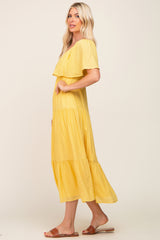 Yellow Textured Stripe Deep V-Neck Layered Sleeve Maxi Dress