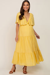 Yellow Textured Stripe Deep V-Neck Layered Sleeve Maternity Maxi Dress