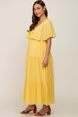 Yellow Textured Stripe Deep V-Neck Layered Sleeve Maternity Maxi Dress