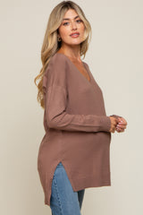 Mocha Oversized Knit Side Slit Maternity Top