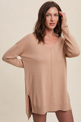 Taupe Oversized Knit Side Slit Maternity Top