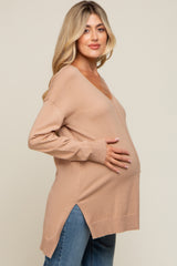 Taupe Oversized Knit Side Slit Maternity Top