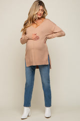 Taupe Oversized Knit Side Slit Maternity Top