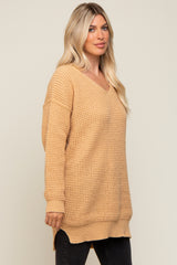 Peach Chunky Knit V-Neck Side Slit Long Sweater