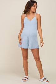 Light Blue Ribbed V-Neck Maternity Romper