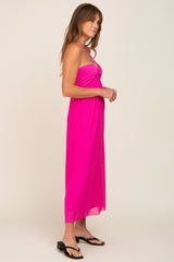 Fuchsia Pleated Cross Front Halter Midi Dress