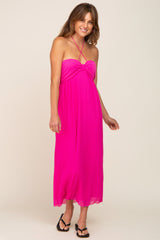 Fuchsia Pleated Cross Front Halter Midi Dress