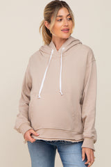 Beige Raw Edge Trim Maternity Drawstring Hoodie