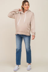 Beige Raw Edge Trim Maternity Drawstring Hoodie