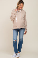 Beige Raw Edge Trim Maternity Drawstring Hoodie