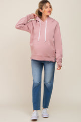 Mauve Raw Edge Trim Maternity Drawstring Hoodie