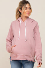 Mauve Raw Edge Trim Maternity Drawstring Hoodie