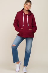 Burgundy Raw Edge Trim Maternity Drawstring Hoodie