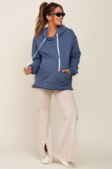 Blue Raw Edge Trim Maternity Drawstring Hoodie