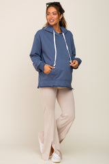 Blue Raw Edge Trim Maternity Drawstring Hoodie