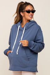 Blue Raw Edge Trim Maternity Drawstring Hoodie