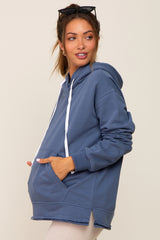 Blue Raw Edge Trim Maternity Drawstring Hoodie