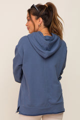 Blue Raw Edge Trim Maternity Drawstring Hoodie