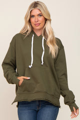 Olive Raw Edge Trim Maternity Drawstring Hoodie