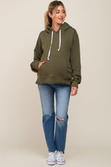 Olive Raw Edge Trim Maternity Drawstring Hoodie