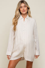 Beige Button Front Long Sleeve Linen Maternity Romper