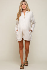 Beige Button Front Long Sleeve Linen Maternity Romper