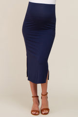 Navy Blue Side Slit Maternity Midi Skirt