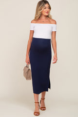 Navy Blue Side Slit Maternity Midi Skirt