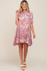 Mauve Floral Button Up Collared Tiered Maternity Dress