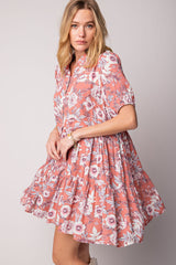 Mauve Floral Button Up Collared Tiered Dress