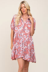 Mauve Floral Button Up Collared Tiered Dress