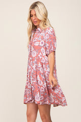 Mauve Floral Button Up Collared Tiered Dress