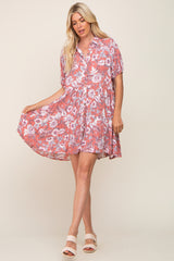 Mauve Floral Button Up Collared Tiered Dress