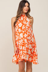 Orange Floral Pleated Mock Neck Maternity Dress