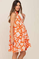 Orange Floral Pleated Mock Neck Maternity Dress