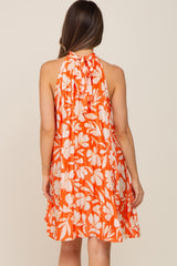 Orange Floral Pleated Mock Neck Maternity Dress