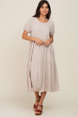 Beige Linen Short Sleeve Tiered Back Tie Maternity Midi Dress