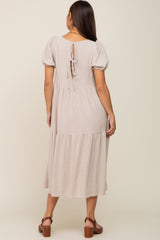 Beige Linen Short Sleeve Tiered Back Tie Maternity Midi Dress