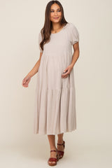 Beige Linen Short Sleeve Tiered Back Tie Maternity Midi Dress