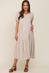 Beige Linen Short Sleeve Tiered Back Tie Maternity Midi Dress