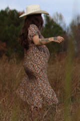 Mocha Floral Smocked Puff Sleeve Maternity Midi Dress