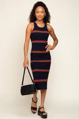 Navy Brown Sleeveless Sweater Midi Dress