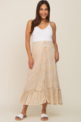 Yellow Floral Button Ruffle Maternity Maxi Skirt