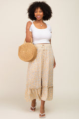 Yellow Floral Button Ruffle Maxi Skirt