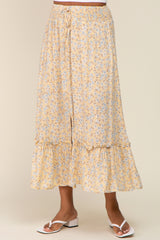 Yellow Floral Button Ruffle Maxi Skirt